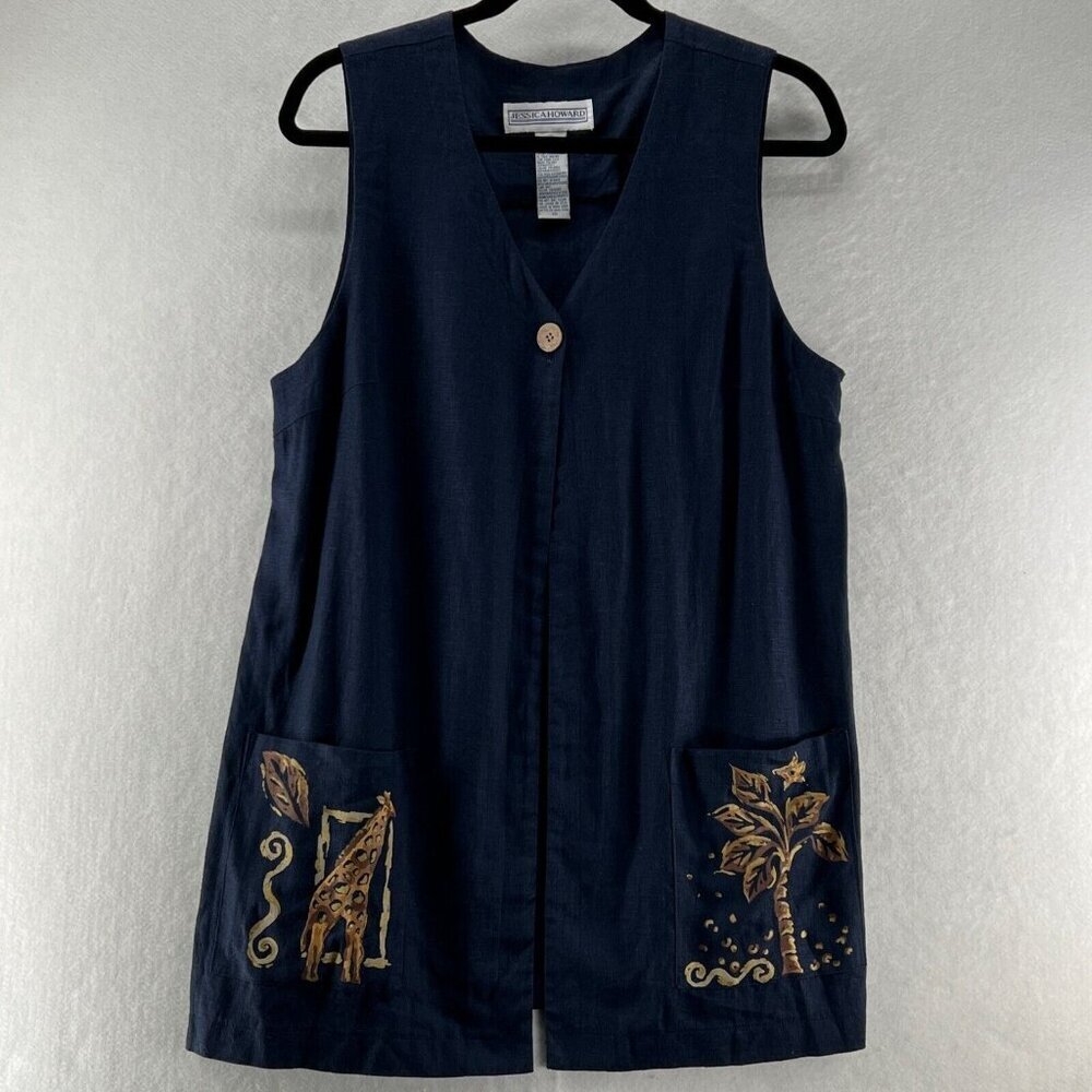 Jessica Howard Vest Top Size 10 Giraffe Tree One Button Linen Rayon Blue